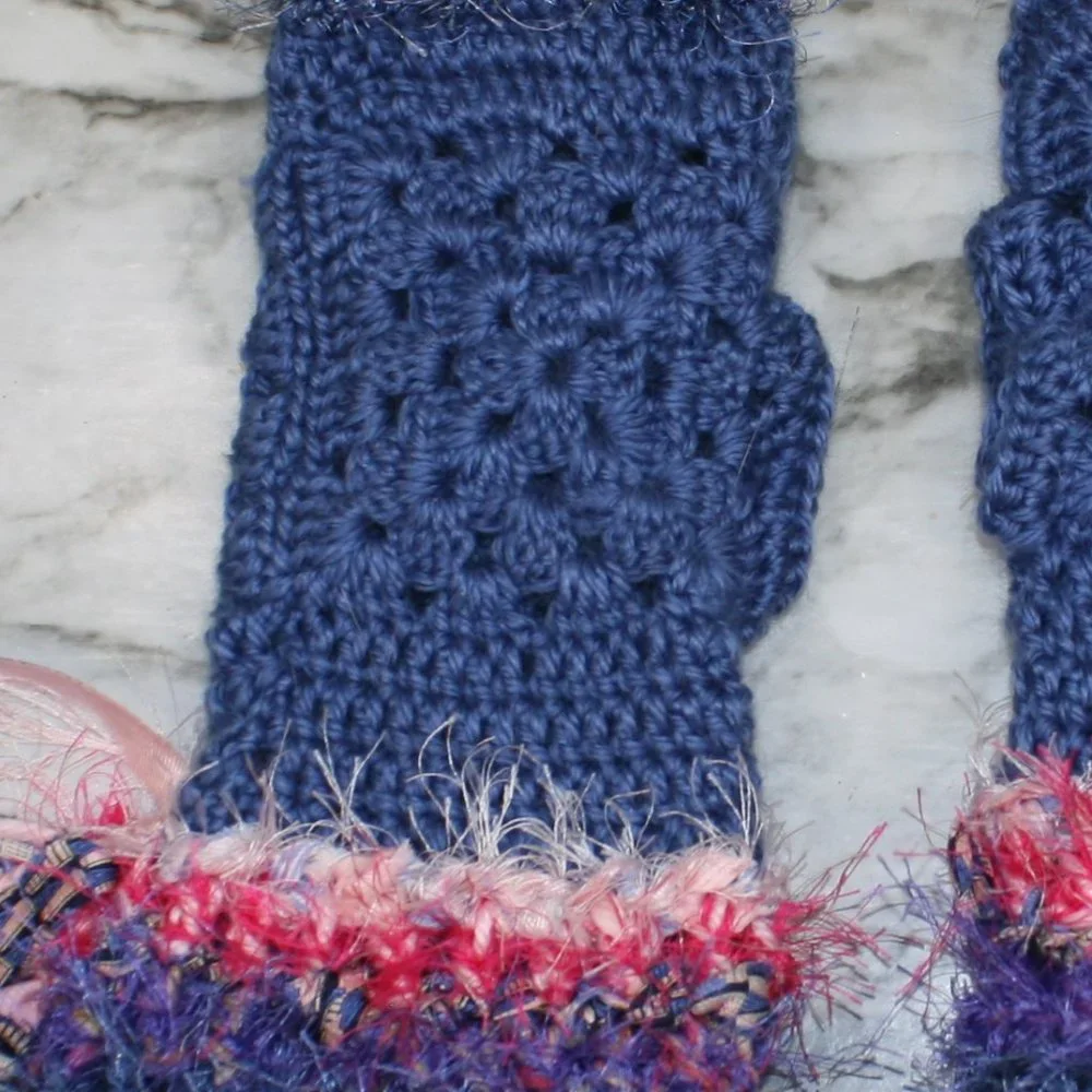 HAND CRAFTED Gloves Fingerless Crochet Upcycled Necktie Trim Barbiecore Blue